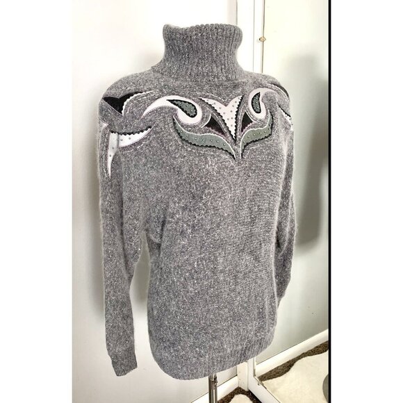 Vintage Turtleneck Sweater Silk Angora Lambswool M Gray Embroidered Beaded - Picture 3 of 10